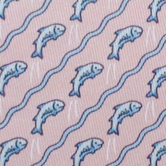 100% REAL HERMES TIE ~ PINK w WHIMSICAL SALMON FISH SWIMMING UPSTREAM WAVES XL - Picture 1 of 4